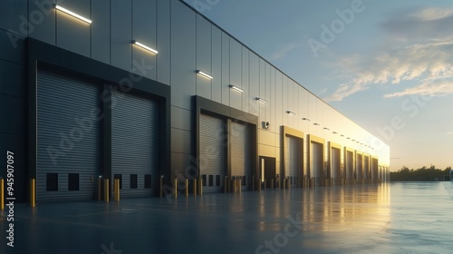 Modern Warehouse Exterior with Gray Steel Walls and Large Garage Doors - Photorealistic View at Golden Hour. AI generated illustration