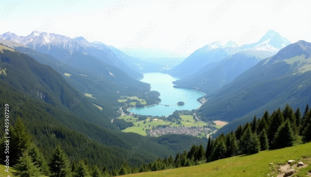 Fototapeta premium Majestic mountain landscape with serene lake and lush greenery