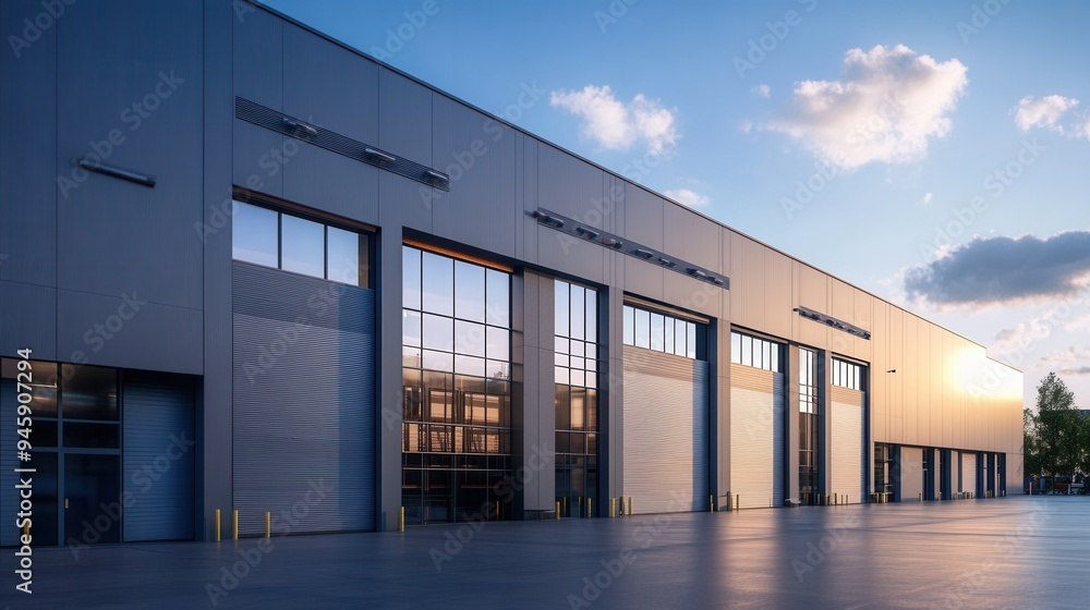 Modern Warehouse Exterior with Gray Steel Walls and Large Garage Doors - Photorealistic View at Golden Hour. AI generated illustration Modern Warehouse Exterior with Gray Steel Walls and Large Garage Doors - Photorealistic View at Golden Hour. AI generated illustration