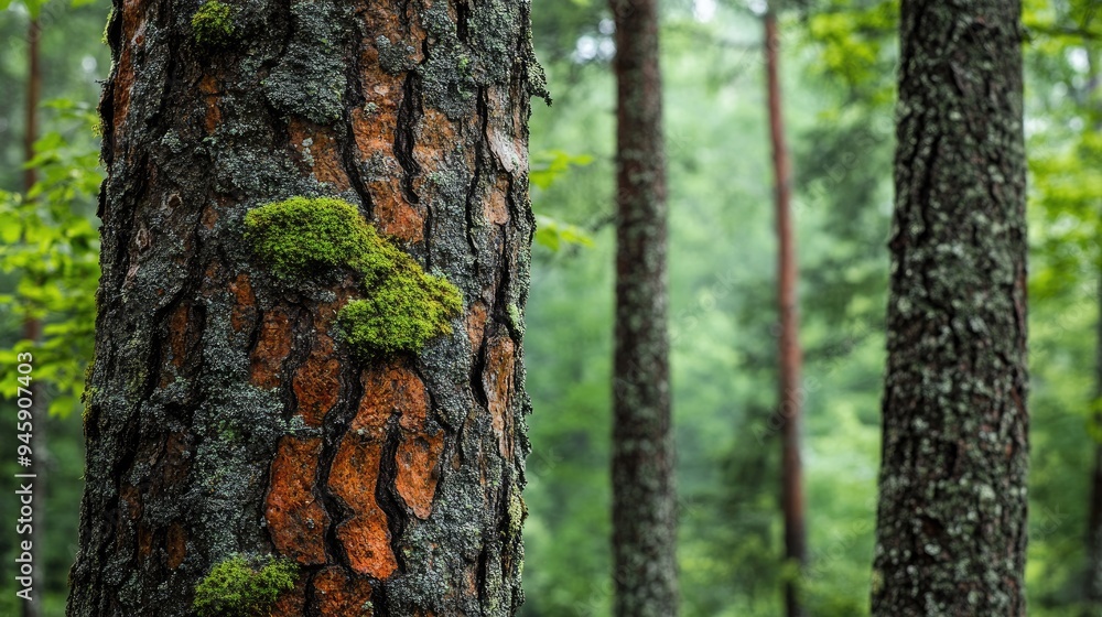 Obraz premium A close-up of a single tree in a forest, with intricate bark patterns and vibrant green moss growing on its trunk.