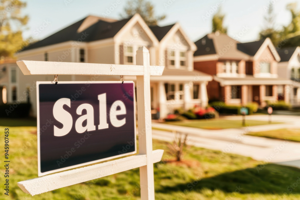 A vibrant neighborhood scene featuring a 'Sale' sign in front of beautiful homes, ideal for real estate marketing. A vibrant neighborhood scene featuring a 'Sale' sign in front of beautiful homes, ideal for real estate marketing.