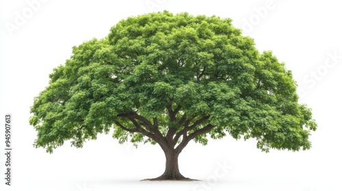 A large, lush green tree with a wide canopy against a white background.