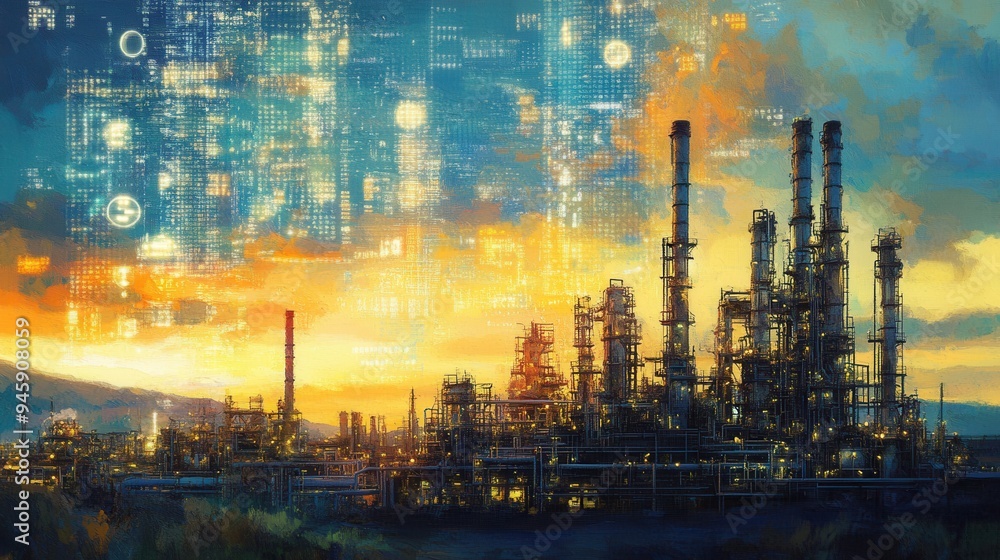 Photorealistic Oil and Gas Industry with Double Exposure of Digital Identity - Data Visualization Concept in Morning Light. AI generated illustration Photorealistic Oil and Gas Industry with Double Exposure of Digital Identity - Data Visualization Concept in Morning Light. AI generated illustration