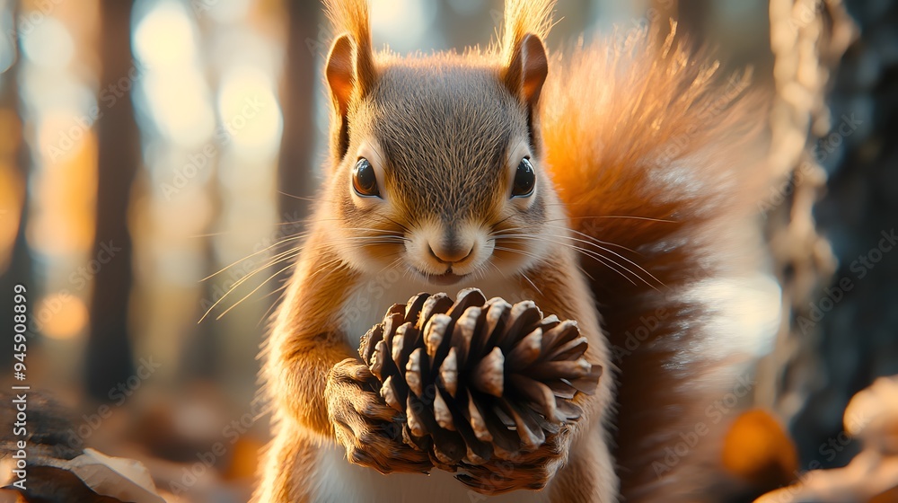 Adorable red squirrel holding a large pinecone, close-up portrait, soft autumn forest background, golden hour lighting, shallow depth of field, warm color palette, fluffy tail. Adorable red squirrel holding a large pinecone, close-up portrait, soft autumn forest background, golden hour lighting, shallow depth of field, warm color palette, fluffy tail.