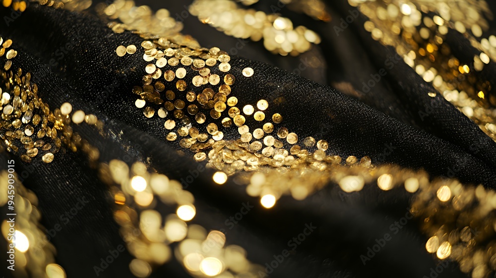 Close-up of shimmering gold sequins on a black fabric background. Close-up of shimmering gold sequins on a black fabric background.