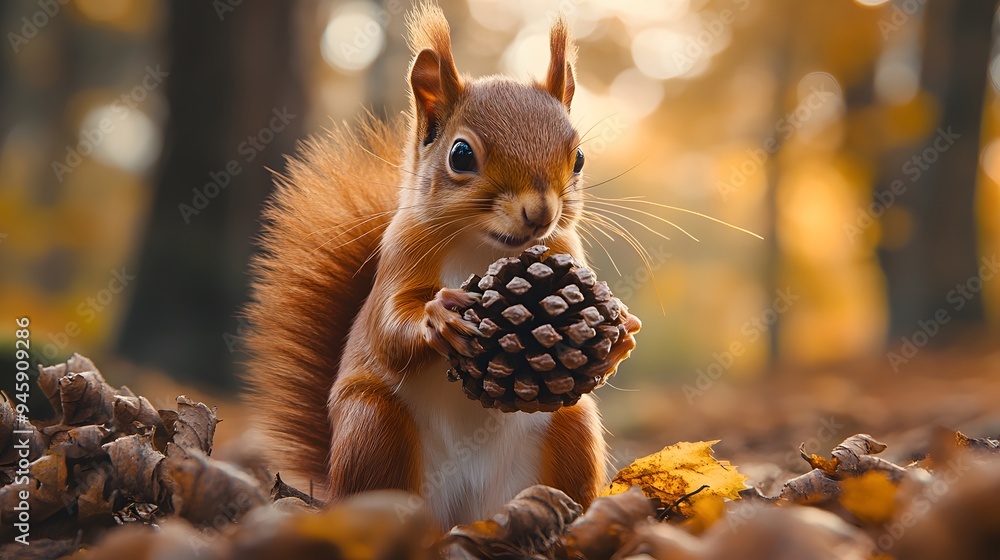 Obraz premium Adorable red squirrel holding a large pinecone, close-up portrait, soft autumn forest background, golden hour lighting, shallow depth of field, warm color palette, fluffy tail.