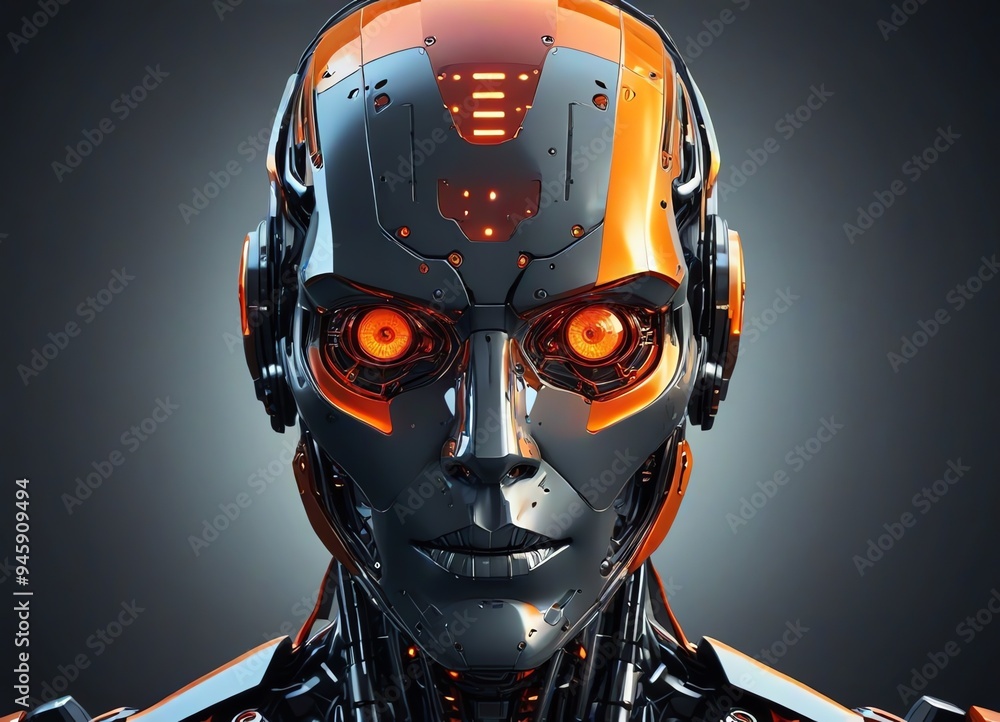 An illustration of a sleek and metallic robotic humanoid face An illustration of a sleek and metallic robotic humanoid face