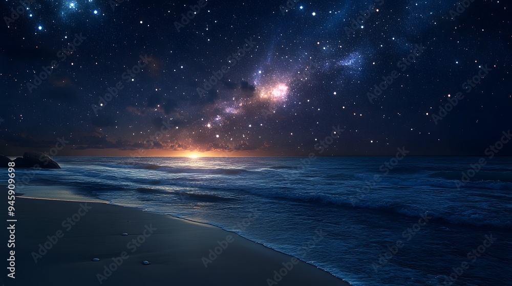 Along the beach view with background of stars in the night sky Along the beach view with background of stars in the night sky