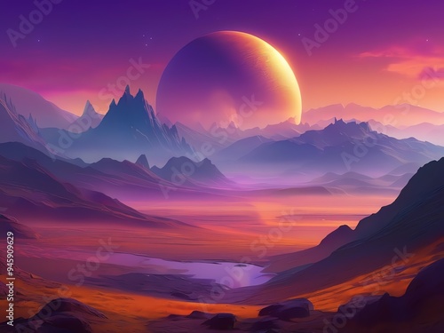 An illustration of an alien planet at sunset