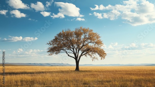 A lone tree standing in an open field, its branches reaching out to the sky, symbolizing strength and solitude.