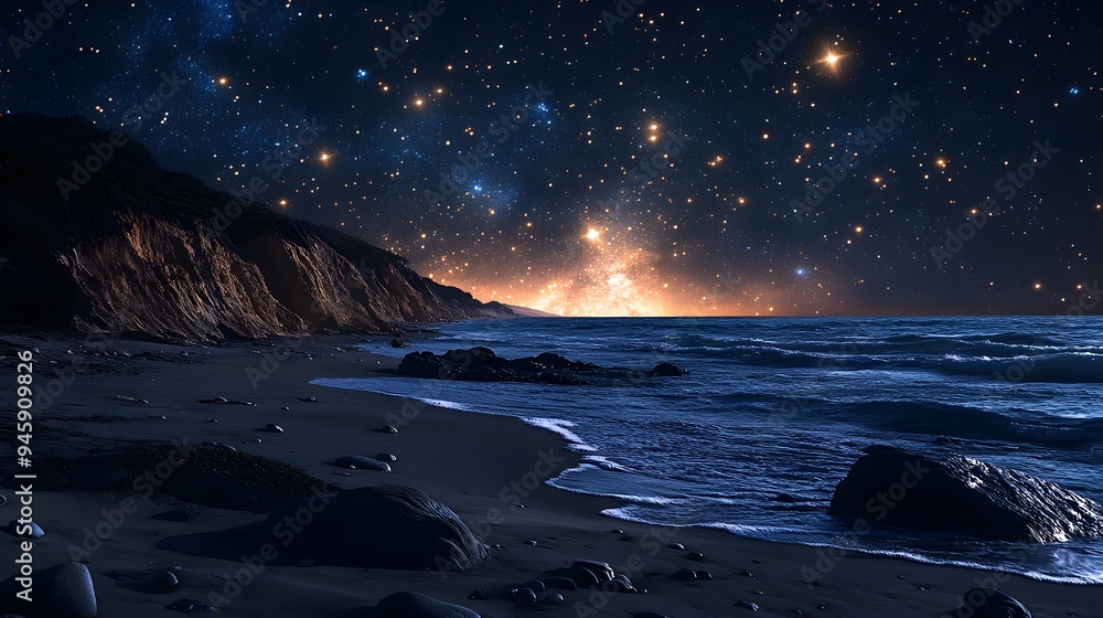 Along the beach view with background of stars in the night sky Along the beach view with background of stars in the night sky