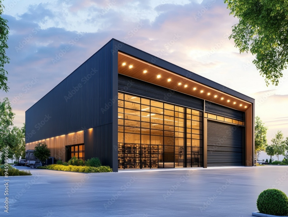 Modern flat Warehouse building under a cloudy sky at sunset, Glass walls modern architecture Modern flat Warehouse building under a cloudy sky at sunset, Glass walls modern architecture