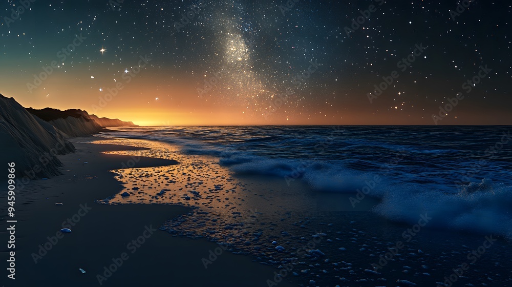 Along the beach view with background of stars in the night sky Along the beach view with background of stars in the night sky