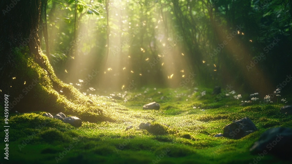A magical forest with ethereal light beams shining down on a moss-covered forest floor, creating an enchanting atmosphere. A magical forest with ethereal light beams shining down on a moss-covered forest floor, creating an enchanting atmosphere.