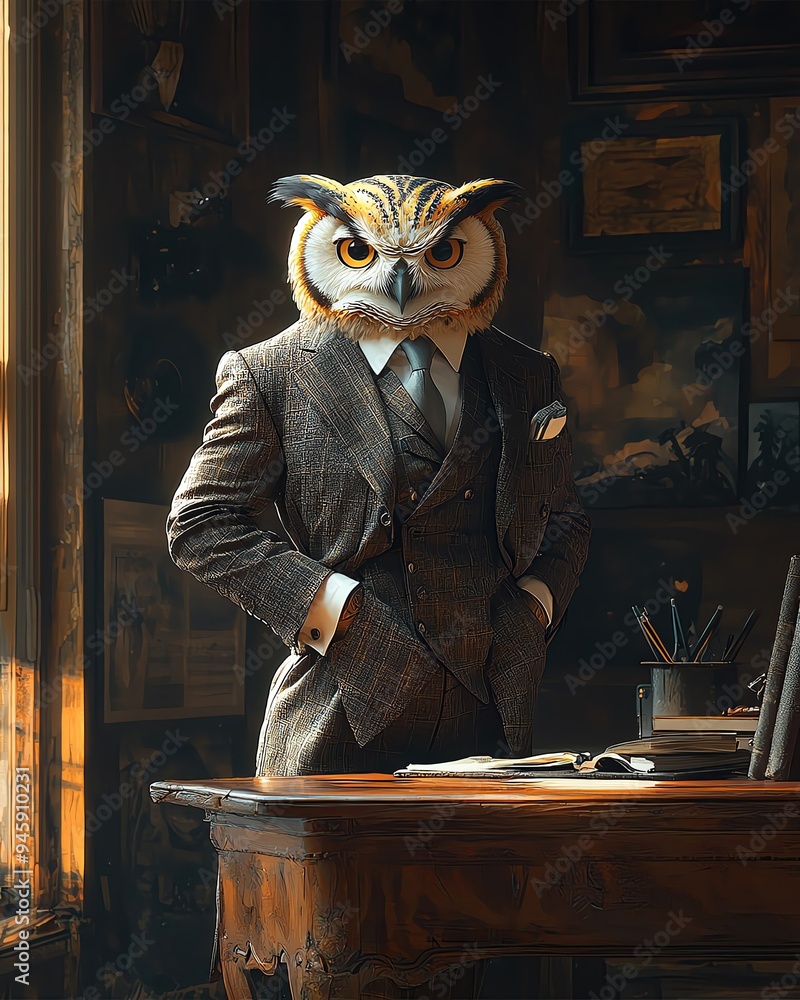 A distinguished owl in a tailored suit stands confidently in a vintage office, embodying wisdom and sophistication. A distinguished owl in a tailored suit stands confidently in a vintage office, embodying wisdom and sophistication.