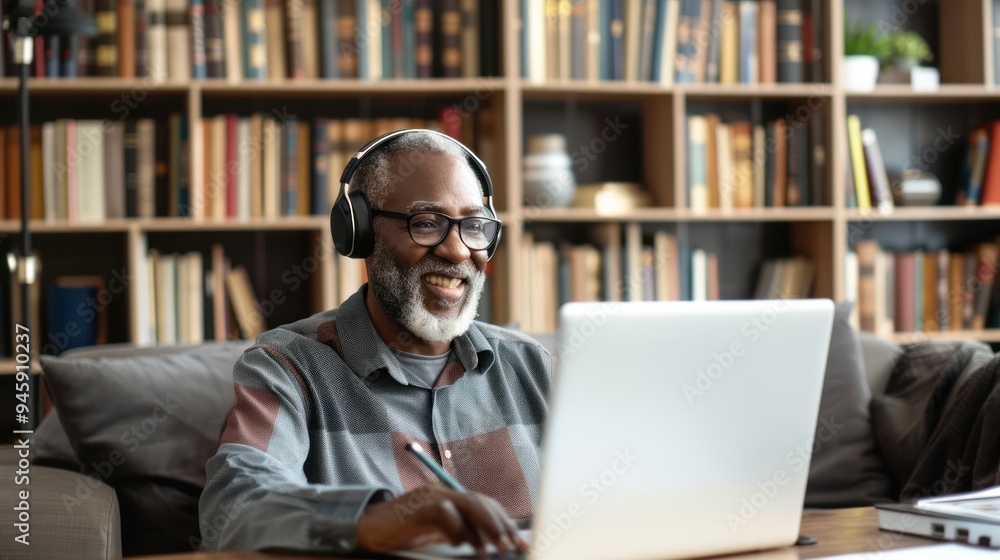 An adult learner attending a remote class from home, with a laptop open and headphones on An adult learner attending a remote class from home, with a laptop open and headphones on