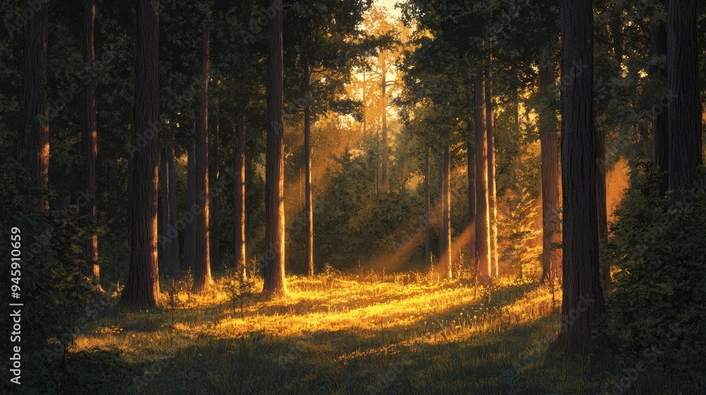 Obraz premium A peaceful forest scene with sunlight breaking through the trees, illuminating a carpet of ferns and wildflowers on the forest floor.