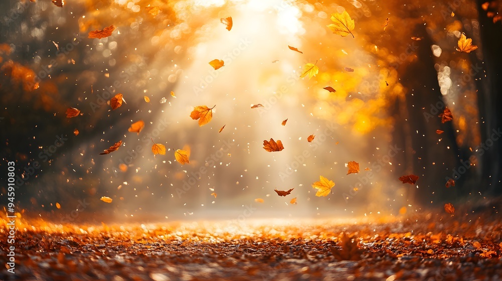 Bright autumn forest path, vibrant orange leaves falling, sunbeams streaming through trees, misty atmosphere, golden hour lighting, dynamic motion of swirling leaves. Bright autumn forest path, vibrant orange leaves falling, sunbeams streaming through trees, misty atmosphere, golden hour lighting, dynamic motion of swirling leaves.