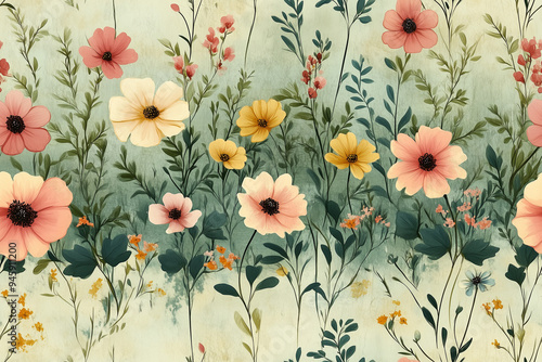 Seamless Boho Floral Digital Paper with Hand-Drawn Wildflowers and Botanical Patterns, Vintage Bohemian Background for Scrapbooking, Stationery, and Craft Projects, Soft Pastel Color Palette.