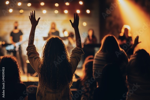 Hands in the air, people who are praising God and Jesus at a church service with worship band in the background,