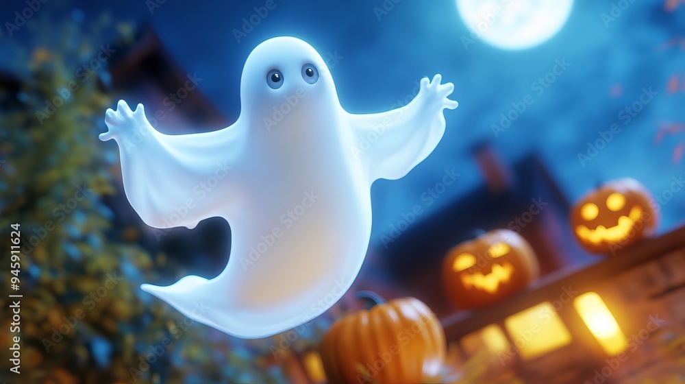 A white boo ghost flying on fullmoon night with pumpkin. Cute halloween background, Halloween illustration for poster and banner design A white boo ghost flying on fullmoon night with pumpkin. Cute halloween background, Halloween illustration for poster and banner design