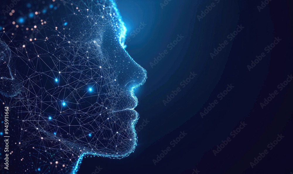 Human head created in low poly style. Man face polygon light. Emotional Intelligence allegory AI. Facial Recognition System concept. biometric scanning, 3D scanning Human head created in low poly style. Man face polygon light. Emotional Intelligence allegory AI. Facial Recognition System concept. biometric scanning, 3D scanning