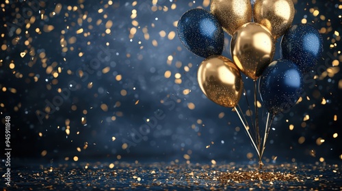 Gold, black balloon confetti background for graduation, birthday, happy new year, opening sale concept. Usable for banner, poster, brochure, ad, invitation, flyer template illustration