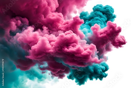 Vibrant magenta and cyan smoke clouds blending together creating a dynamic scene on a white background, Ai Generated