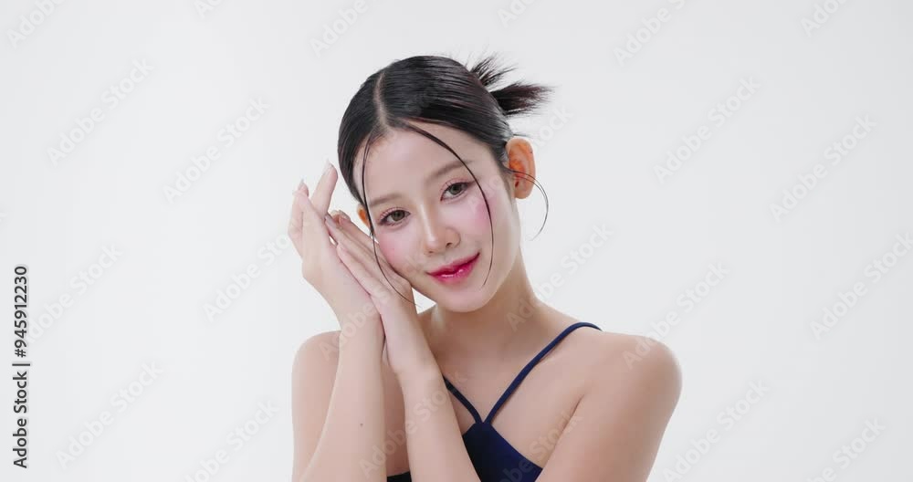 Close up portrait beautiful young Asian woman with healthy facial skin isolated over white background. Close up portrait beautiful young Asian woman with healthy facial skin isolated over white background.