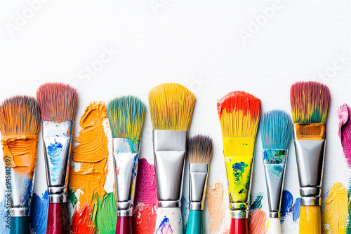 Line of paintbrushes stands on a textured blank canvas, creating bold strokes of colorful paint in a dazzling array of hues. Copy space