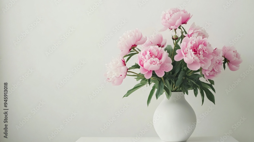 Elegant Pink Peonies in Vase on Table Near White Wall Elegant Pink Peonies in Vase on Table Near White Wall
