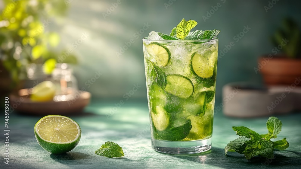 Refreshing mojito cocktail with lime and mint in a bright setting Refreshing mojito cocktail with lime and mint in a bright setting