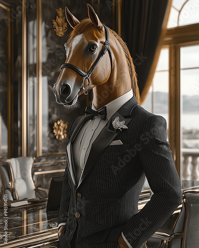 A stylish horse in a tuxedo, exuding elegance in a luxurious office setting, perfect for surreal or whimsical concepts. photo