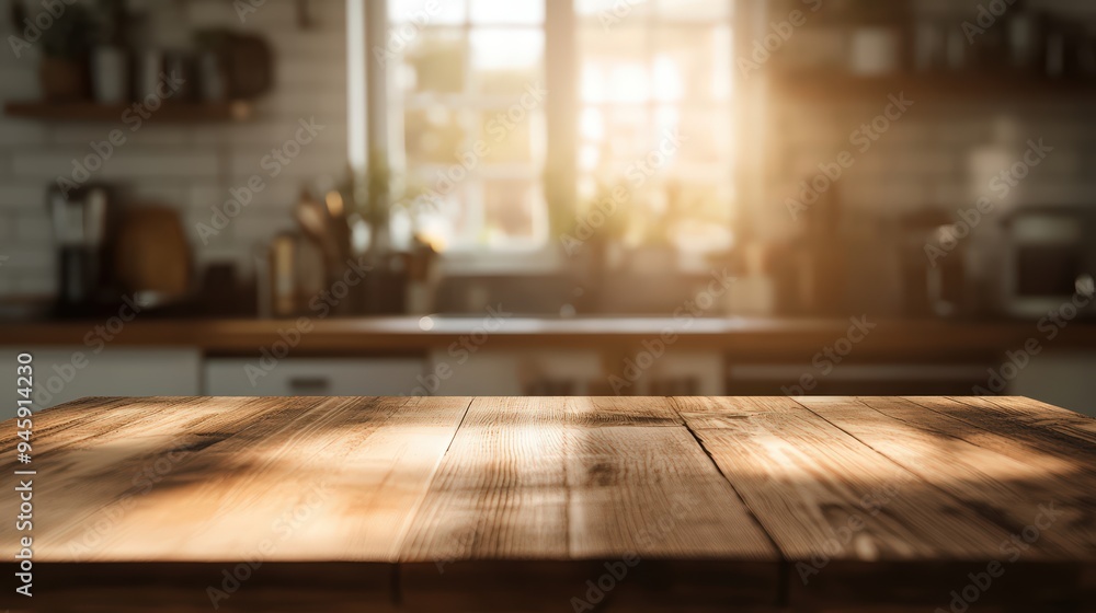 Wooden table with a blurry kitchen background Wooden table with a blurry kitchen background