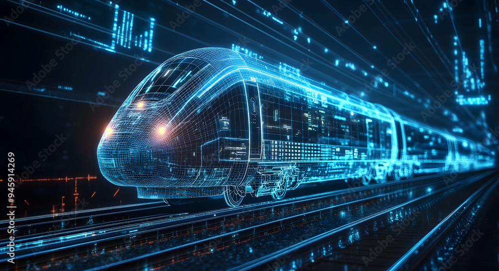 Wireframe Hologram of an Electric Train on Railway Tracks, Showcasing a Futuristic and High-Tech Design with Transparent Elements and Detailed Engineering, Ideal for Illustrating Advances in Transport Wireframe Hologram of an Electric Train on Railway Tracks, Showcasing a Futuristic and High-Tech Design with Transparent Elements and Detailed Engineering, Ideal for Illustrating Advances in Transport