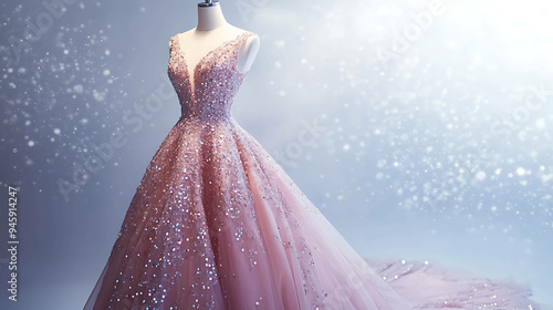 Sparkling pink ball gown with glitter and tulle, on a mannequin.