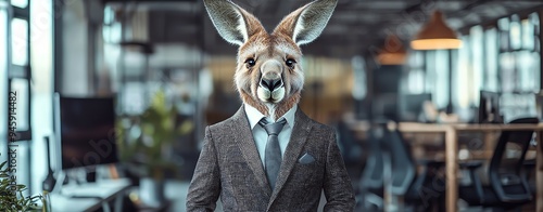 A unique concept featuring a kangaroo in a business suit, blending animal and corporate worlds in a creative office setting. photo