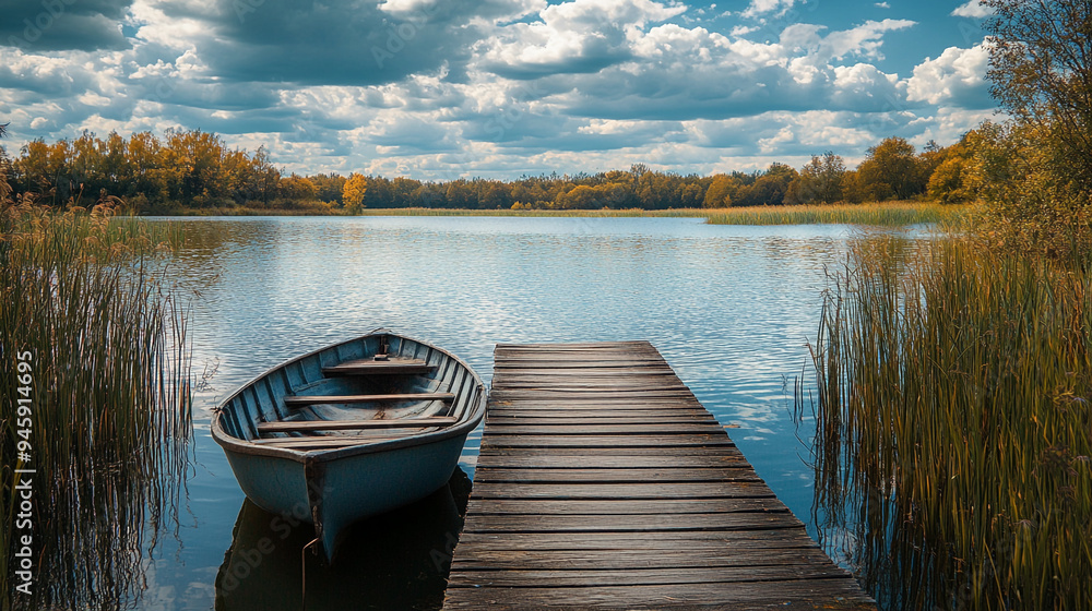 Obraz premium A serene wooden boat docked at a tranquil lake surrounded by trees under a beautiful cloudy sky in autumn