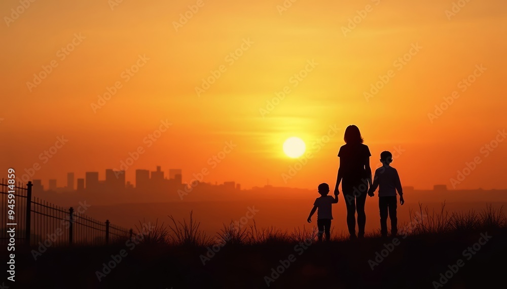 Fototapeta premium Familys silhouette against a stunning sunset