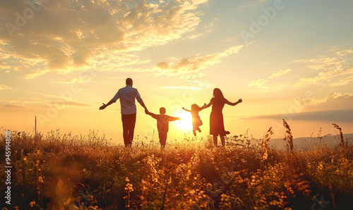 happy family, mother, father, children son and daughter on nature on sunset photo