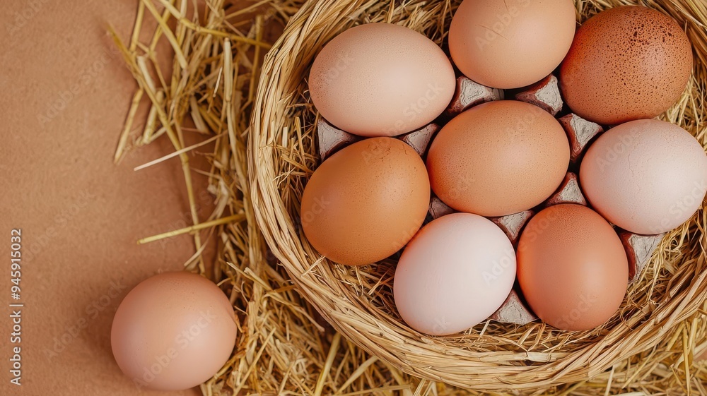 A beautiful arrangement of fresh eggs in a straw-filled basket, showcasing natural colors and textures, ideal for culinary use. A beautiful arrangement of fresh eggs in a straw-filled basket, showcasing natural colors and textures, ideal for culinary use.