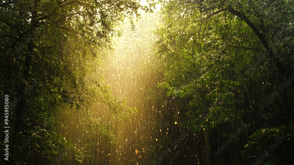 Fototapeta premium A serene forest scene with sunlight filtering through rain, creating a magical atmosphere.