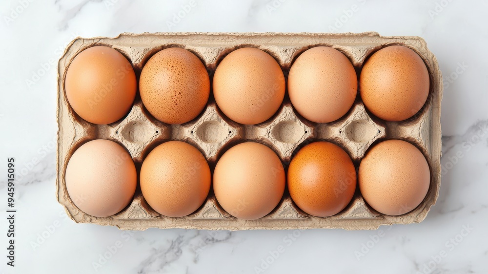 A carton of fresh brown eggs arranged neatly on a marble countertop, perfect for culinary and food-related presentations. A carton of fresh brown eggs arranged neatly on a marble countertop, perfect for culinary and food-related presentations.