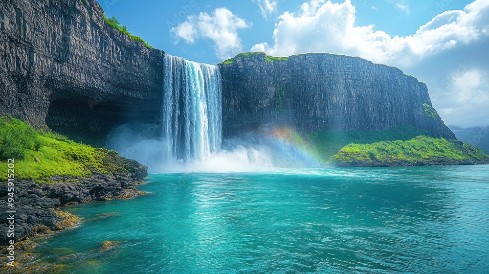 Fototapeta premium Majestic Waterfall Cascading into a Turquoise Lagoon
