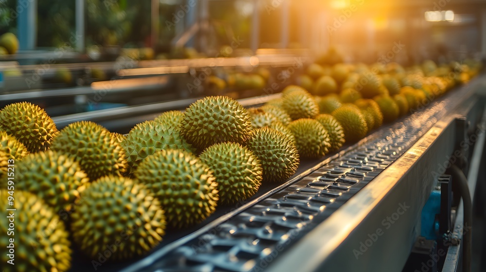 Durian Rind Processing Durian fruits on conveyor belt, food processing line, stainless steel ...