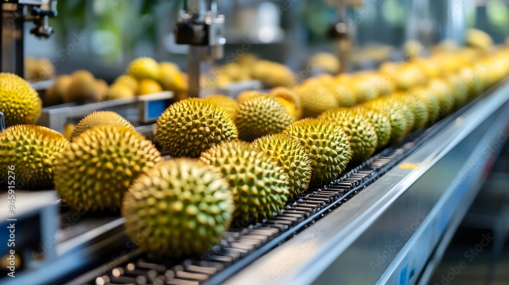 Durian Rind Processing Durian fruits on conveyor belt, food processing line, stainless steel ...