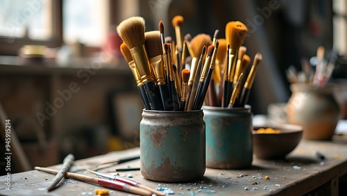 A collection of artistic paintbrushes in rustic containers, perfect for creative projects. This image captures the essence of craftsmanship and the vibrant world of art.