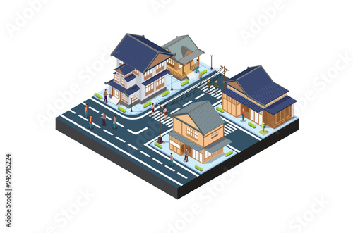 illustration of a traditional Japanese residential historical building, white background in isometric style