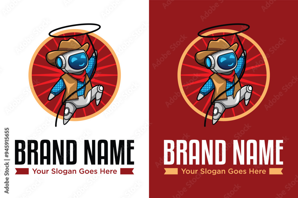 Fototapeta premium Modern mascot rodeo cowboy lasso rope cute robot logo design vector illustration