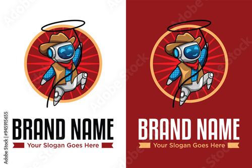Modern mascot rodeo cowboy lasso rope cute robot logo design vector illustration